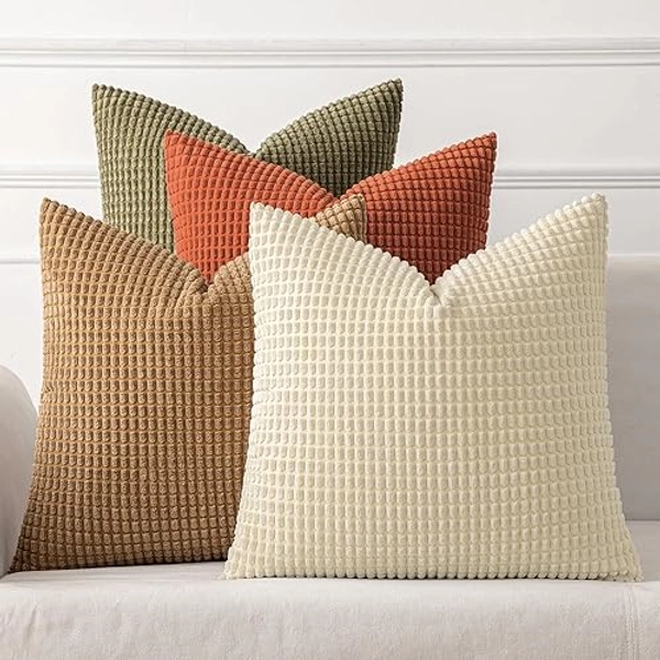 MIULEE Modern Farmhouse Decorative Pillow Covers 18x18 Inch Set of 4 Natural Rustic Throw Pillows Neutral Warm Soft Corduroy Couch Pillowcases Home Decor for Sofa Cushion Living Room Bed Brown Green - 18" x 18" (Pack of 4) - Brown Green