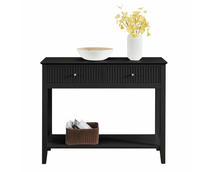 Issey Modern Wooden Hallway Console Hall Table Fluted 2-Drawers - Black