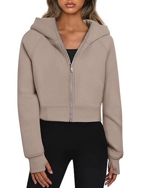 Trendy Queen Womens Zip Up Hoodies Jackets Cropped Sweatshirts Fleece Fall Outfits Casual Comfy Y2k Tops Winter Clothes 2025 - Large - Coffeegrey