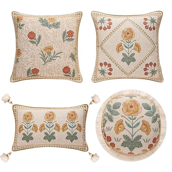 patdrea Designer Pack of 4 Throw Pillow Covers,Beige Vintage French Soft Linen Pillows Cover with Daisy Floral Pattern,Vintage Square Farmhouse Decorative Pillowcase for Couch,Bed,Living Room - Rosasilvestre Set - 18" x 18" (Pack of 4)