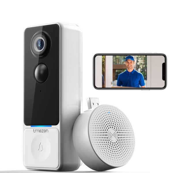 Wireless Video Doorbell Camera, TMEZON 1080P HD WiFi Doorbell Camera with Chime, Two-Way Audio, PIR Motion Detection, IP65 Waterproof, Night Vision, Cloud Storage, 2.4ghz WiFi,Rechargable Battery - $79.89