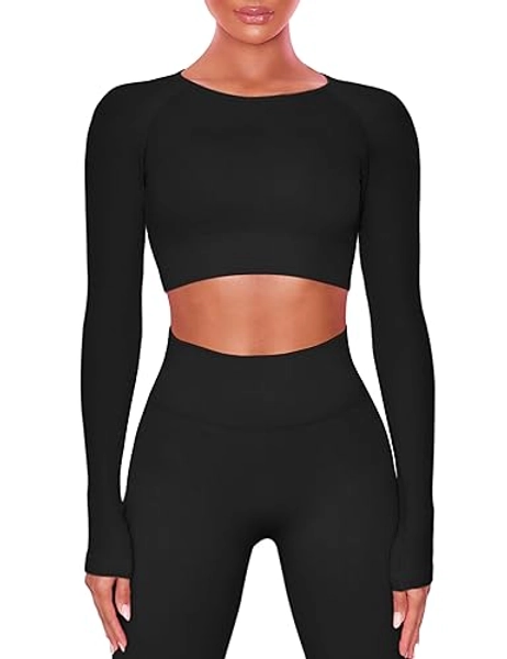 Buttergene Women Workout Sets 2 Pieces Long Sleeve Yoga Outfits Gym Clothes Seamless Ribbed Crop Top High Waist Leggings - Black - Medium