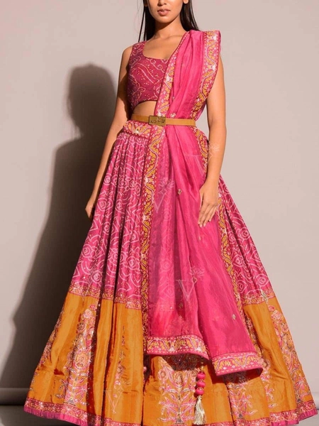 Exclusive Bandhani Print Pink Orange Silk Lehenga Choli