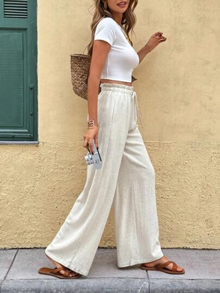 SHEIN Frenchy Women's Solid Color Linen Drawstring Waist Old Money Style Trousers, Commuter Wear, Daily Wear Beach Outfits For Woman  Summer Clothes  Vacation  Linen Pants Women  Linen Trousers
