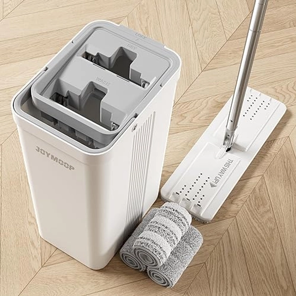 JOYMOOP Mop and Bucket with Wringer Set for Home, Flat Mop and Bucket System, Mops for Floor Cleaning and Wall Cleaner, with 3 Reusable Microfiber Mop Pads - 50" microfiber mop and bucket set-3pads