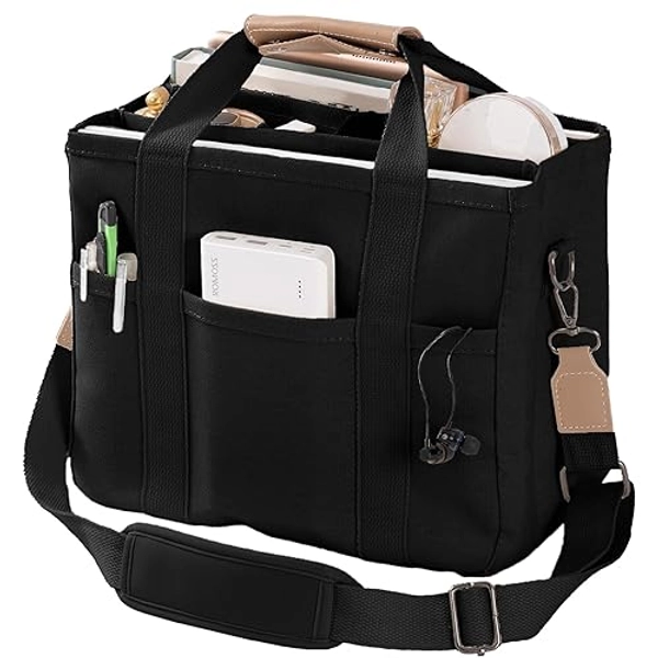 JIECH Canvas Tote Bag with Multi Pockets Crossbody Tote Bag for Women Shoulder Handbag Everything Tote Bag with Compartments - 02 Black - Large