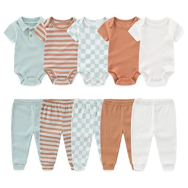 Kiddiezoom Newborn Baby Layette Set 10-Piece with Bodysuits and Pants Set for Unisex Baby Gift Sets - 6-9 Months - Full Short Sleeves - Coffee