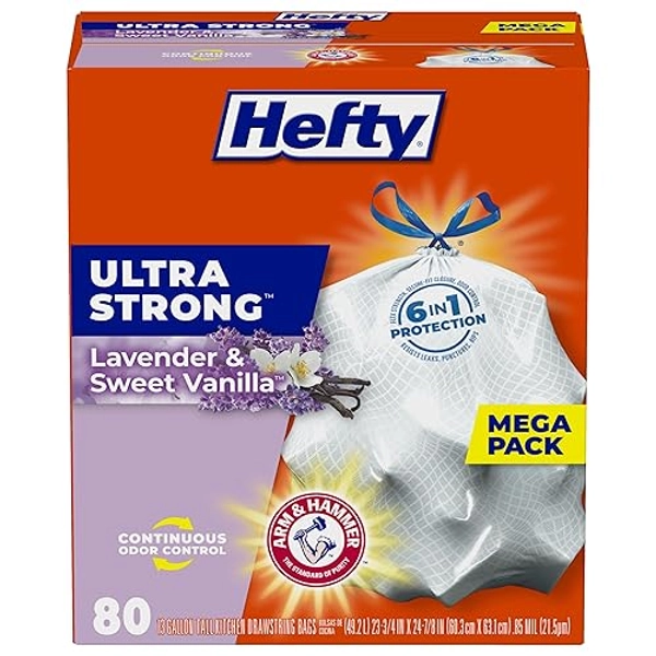 Hefty Ultra Strong 13 Gallon Trash Bags, Tall Kitchen Trash Bags 13 Gallon Size, Drawstring Closure, Continuous Odor Control, White, Lavender and Sweet Vanilla Scent, 80 Bags - Lavender & Sweet Vanilla - 80 Count (Pack of 1)