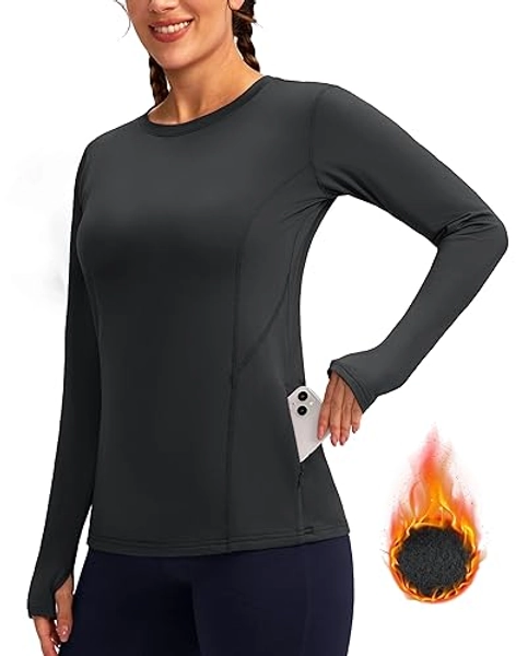 Women's Thermal Fleece Tops Long Sleeve Workout Shirts Running Athletic Base Layer with Thumb Holes Zipper Pocket - Large - Dark Gray