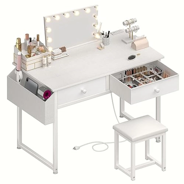KAI-ROAD White Makeup Vanity Desk with Chair no Mirror, Small Vanity Table with Fabric Drawers, Power Outlet & Stool Without Mirror, Modern Make Up Desk Set for Bedroom - 1.white