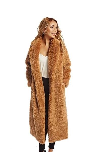 Women Faux Fur Winter Coats Comfort Warm Outerwear Open Front Long Cardigan Overcoat Jacket - Medium - Brown