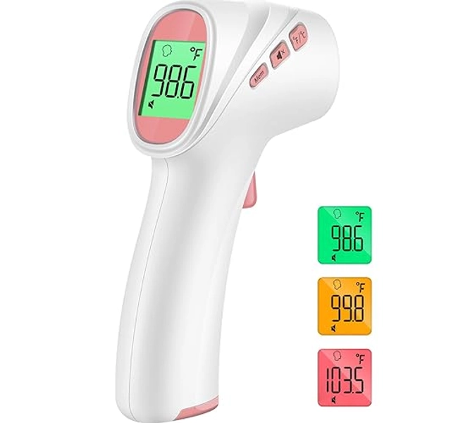 No-Touch Forehead Thermometer, Infrared Digital Thermometer for Adults, Kids & Babies, LCD Backlight Display, Fever Alarm and 1s Instant Reading - Pink - Pink