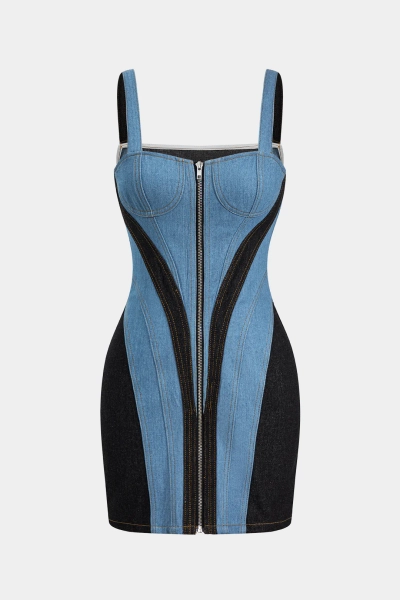 Contrast Denim Patchwork Zipper Bustier Dress
