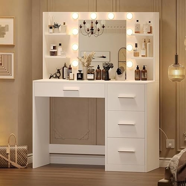 Irontar Vanity Desk, Makeup Vanity with 10 LED Lights & 4 Drawers, Brightness Adjustable, Dressing Table Desk with 6 Open Storage, Vanity Table for Women, White WDT003W - White