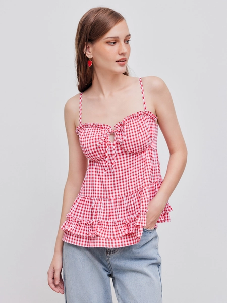 Sweetheart Gingham Ruffle Tiered Knotted Cami Blouse