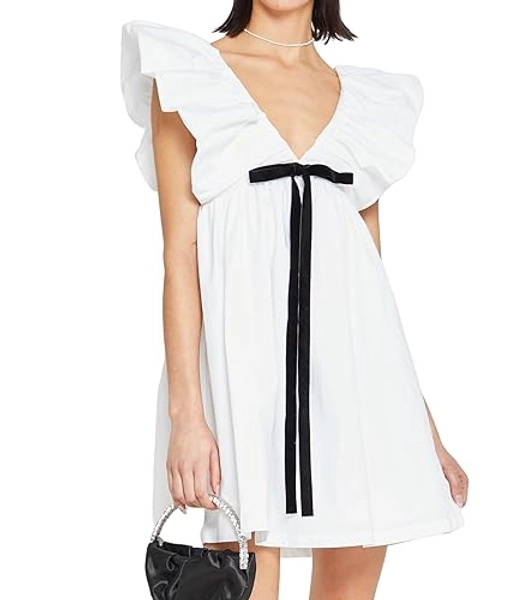 Womens Flower Bow Dress Deep V Neck Elegant Mini Dress Puffy Sleeve Boho Floral Bow Dress Flowy Dress - White - X-Small