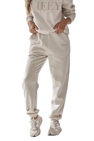 Six Stories Wifey Champagne Joggers, Comfortable Lounge Sweatpants, Wedding, Anniversary, Valentine's Day, or Birthday Gift - Large - Champagne