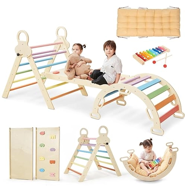 Pikler Triangle Set for kids, 8 in 1 Colorful Montessori Large Climbing Toys for Toddlers 1-6 Inside with Ramp, Arch and Foldable Climbing Triangle, Climbing Toys, Wooden Child Indoor Playground - Natural Wood Colorful