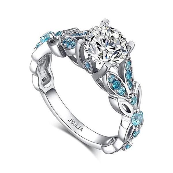 Jeulia 4.3 Carat Personalized Sterling Silver Butterfly Rings for Women Purple Amethyst Bridal Round Cut Wedding Engagement Eternity Valentine's Promise Ring Set - Aquamarine Blue - 8.5