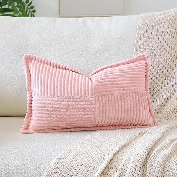 OTOSTAR Striped Corduroy Throw Pillow Covers with Splicing Super Soft Boho Pillow Covers Broadside Decorative Textured Throw Pillows for Couch Sofa Bed Living Room 12x20 Inch, Pink - Pink - 12" x 20"