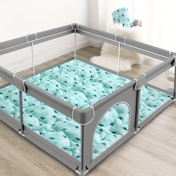 Alfombrilla de Juego Plegable Impermeable para Niños de 50" x 50" - Jaula de Actividades con Patrón Geométrico Portátil y Relleno Suave de Peluche Turquesa, Material de Poliéster Duradero para Protección Segura del Suelo