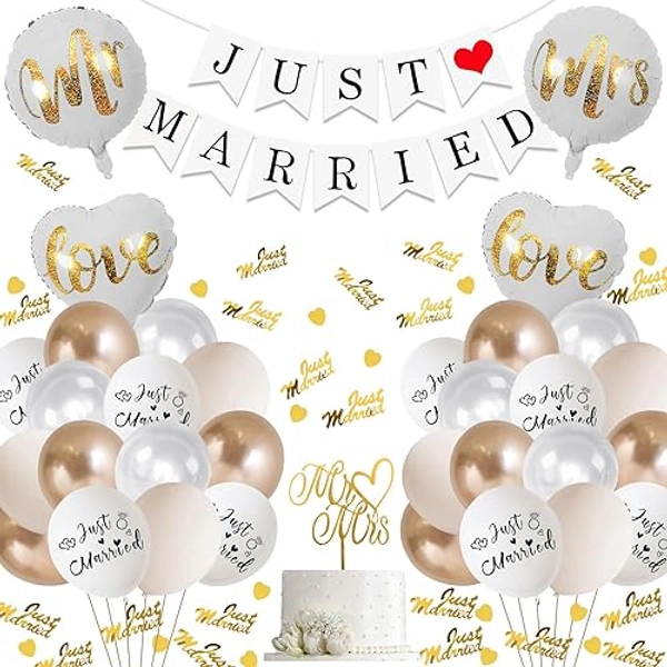 Just Married Deko Hochzeitsdeko, Mr & Mrs Deko Hochzeit Luftballons Hochzeit,mit Just Married Girlande Luftballons,Mr und Mrs Ballons Herzluftballons,Cake Topper für Hochzeit Standesamt Deko Hochzeit