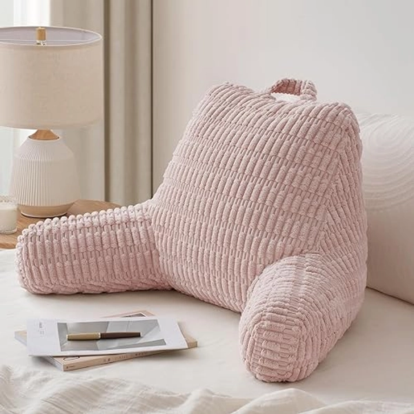 Blissful Diary Reading Pillow, Stylish Bed Pillow with Shredded Memory Foam for Adult Children Backrest, Back Pillow for Bed & Couch Sitting Up with Arms & Pockets & Washable Cover (Pale Pink) - Pale Pink