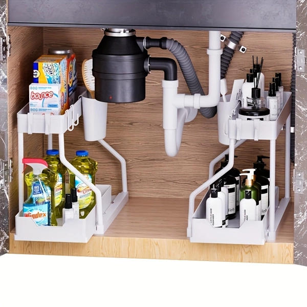 Space-Saving 2-Tier Pull-Out Storage Organizer - Durable Large Capacity Drawers for Kitchen and Bathroom Essentials, Plastic Material, Mixed Color