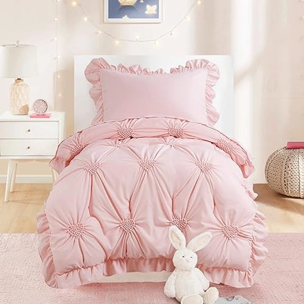 HOMBYS 4 Pieces Pink Princess Toddler Bedding Set for Girls Kids, Ultra Soft Blush Pinch Pleat Comforter Set with Ruffles for All Season - Pink