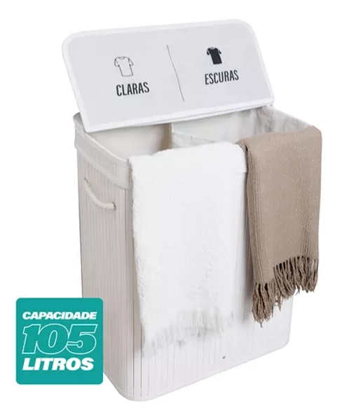 Cesto de roupas com divisória roupeiro bambu branco Artiko Pratic+ organizador com tampa 105L