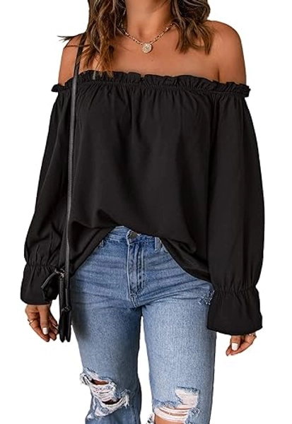 Spriolim Women's Off Shoulder Top Ruffle Long Sleeve Chiffon Blouse Casual Loose Shirts - Large Pink