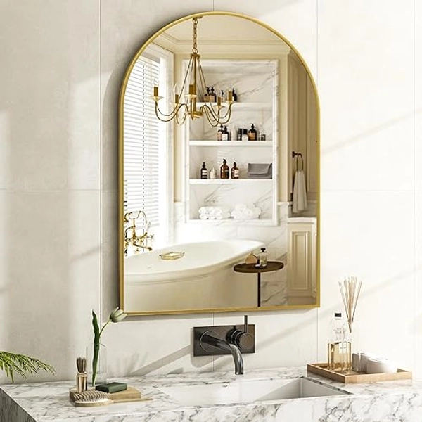 Arch Bathroom Mirror, 20x30 Inch - Wall Mounted Vanity Mirror with Aluminum Alloy Frame - Ideal for Living Room, Bedroom, Bathroom, and Entryway, Hanging or Leaning, Gold - Arch-gold - 30"L x 20"W