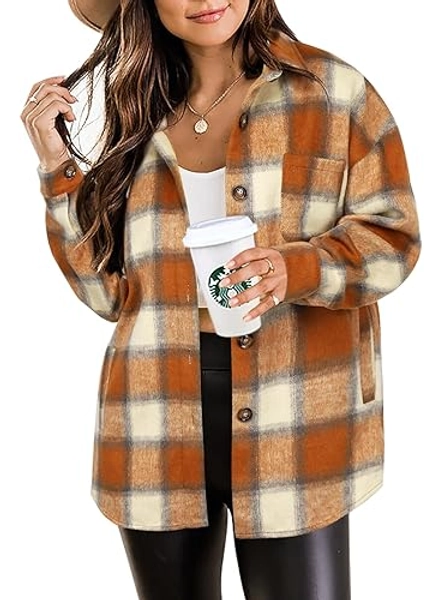 Beaully Women's 2024 Fall Clothes Plaid Shacket Jacket Long Sleeve Button Down Flannel Shirts Fashion Jacket - Orange - Large
