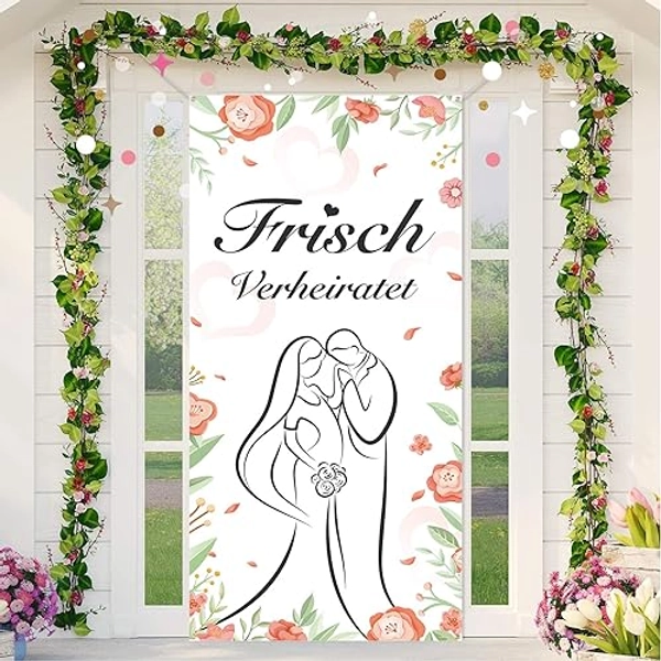 DPKOW Frisch Verheiratet Tür Banner für Hochzeit Dekoration, Blumen Blätter Brautpaar Banner für Hochzeit Tür Wand Deko, Hochzeit Hintergrund Garten Dekoration, Just Married Banner 185 x 90cm - Frisch Verheiratet 1