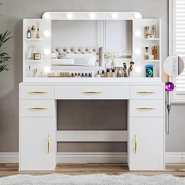 ALEXNUTRE Makeup Vanity Desk with Lights, Large Vanity Desk with Mirror and Lights in 3 Models, Vanity with Power Outlet, Vanity Desk with 5 Drawers, 2 Cabinets, Shelves, White Vanity for Bedroom - Pure White