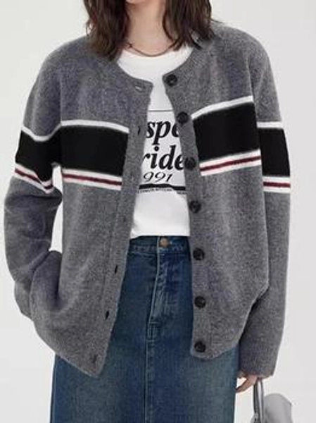 Contrast Stripe Crewneck Loose Cardigan