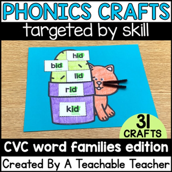 CVC Word Families Phonics Crafts for short a, short e, short i, short o, short u