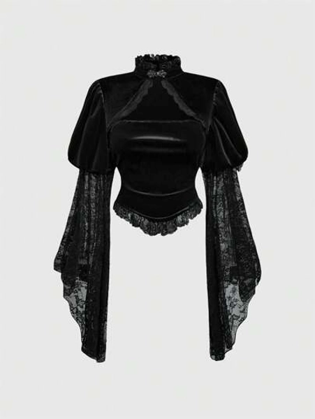 ROMWE Goth Blusa elegante de mujer con cuello alto, mangas campana, parches de terciopelo y encaje en estilo palaciego