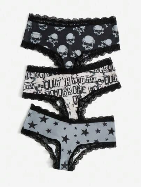 ROMWE Grunge Punk 3 piezas Set bragas de cráneo & con estampado de estrella con encaje en contraste
