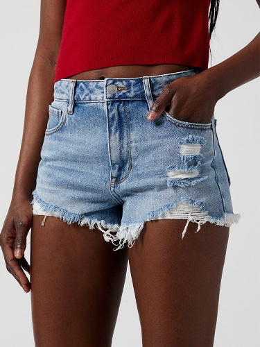 PacSun Medium Indigo Ripped Zip Fly High Waisted Denim Festival Shorts | PacSun