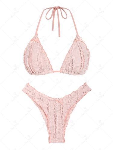 Seamolly Ruffles Bowknot Decor Halter Tied Triangle Cheeky Bikini Set