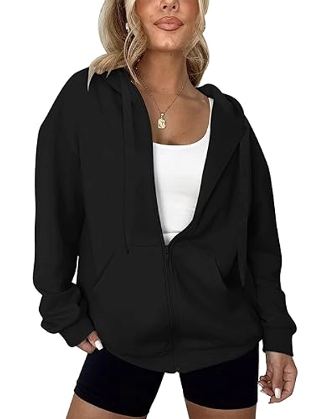 LYHIPSS Women's Oversized Hoodies for Women Full Zip Up Long Sleeve Sweatshirts Drawstring Jackets Coat with Pockets - Large - Black