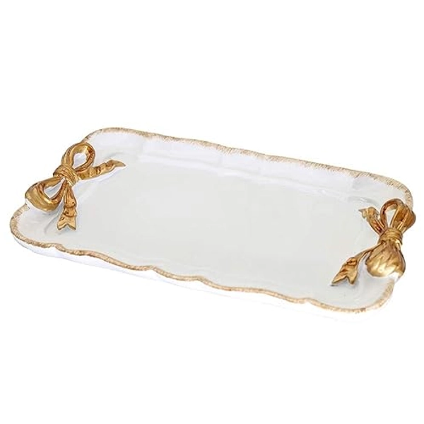Vintage Decorative Tray Jewelry Tray Towel Tray Storage Tray Rings Necklace Bracelets Earrings Trays Cosmetics Jewelry Organizer Retro Design Bow Decor Resin Plate Coquette Room Decor (White) - White