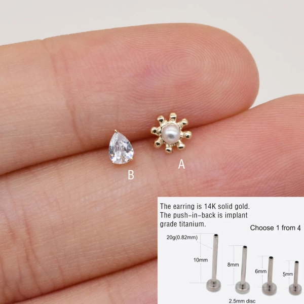 14k Solid Gold Sunflower Pearl Stud Earring Pear Solitaire Earring Teardrop Cartilage Earring Helix Conch Tragus Earring Flat Back Earring - Etsy