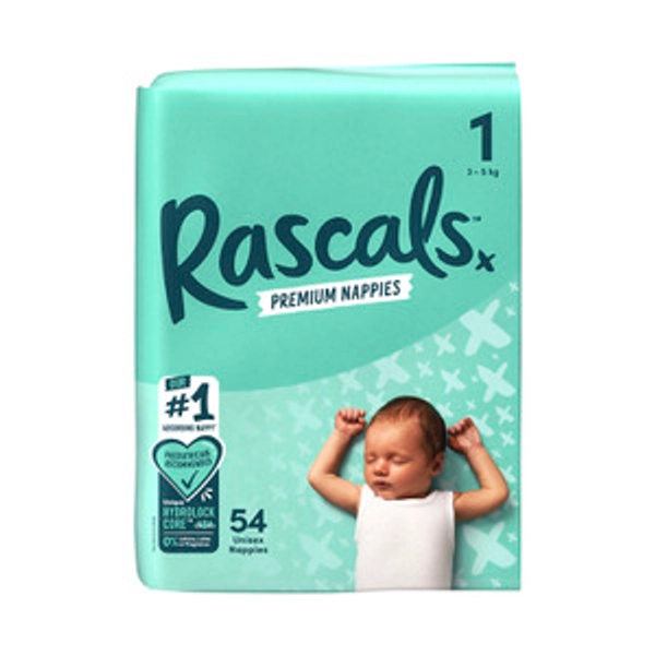Rascals Premium Nappies Size 1 (3-5Kg) | 54 Pack