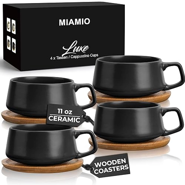 MIAMIO – 320 ml, Set of 4 Ceramic Tea Cup and Saucer Bamboo/Tea Mug - Wide Cappuccino Cup, Coffee Cups Ceramic Mug for Cappuccino, Latte, Espresso & Americano - Luxe Collection (Black) - Black