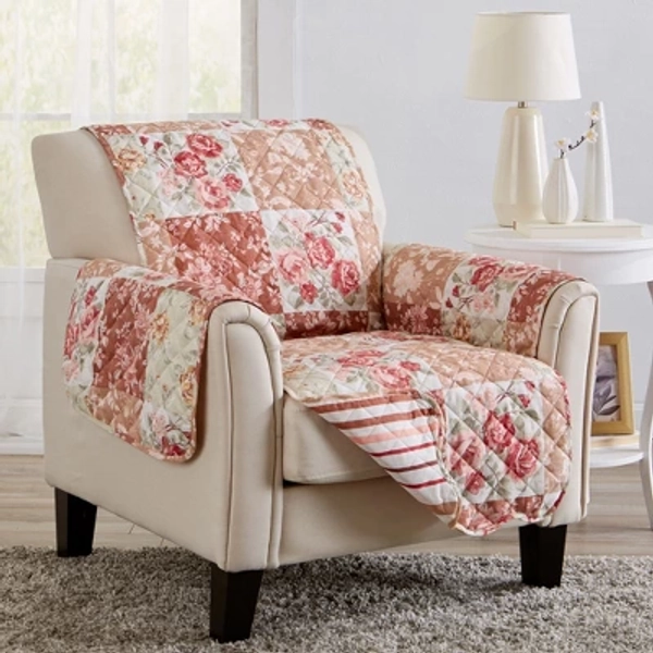 Great Bay Home Floral Patchwork Reversible Furniture Protector  (Chair, Burgundy / Taupe)