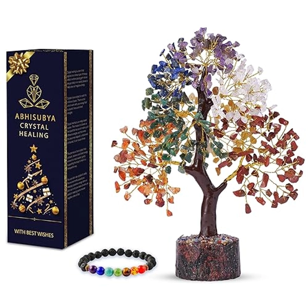 Seven Chakra Tree of Life, Crystal Tree for Positive Energy - Feng Shui Tree, Artificial Tree, Crystal Decoration, Money Tree, Handmade 7 Chakra Tree, Stone Tree, Healing Crystals, Spiritual Gifts - Golden
