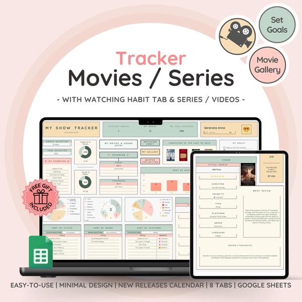 Shows Movies & Videos Tracker with Gallery Collection | Series Planner with Review Spreadsheet | Great Gift for Film Lovers