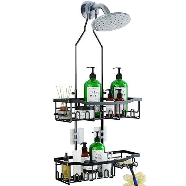 Joqixon Shower Caddy, Upgraded Extended Length Shower Caddy Over Showerhead No Blocking to Shower Head, Rustproof Shower Organizer with Hooks Shampoo Soap Holder, Bathroom Large Hanging Shower Caddy - Black